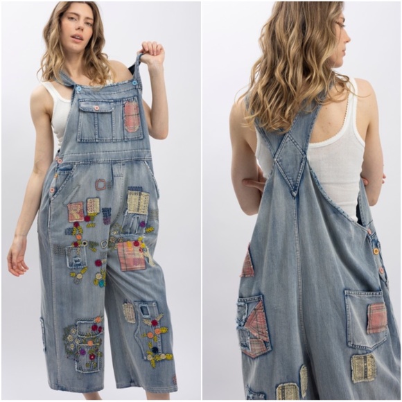 Bluevelvet Vintage Wash Floral Print patchwork Cropped Denim Jean Bibs Overalls - Picture 4 of 4